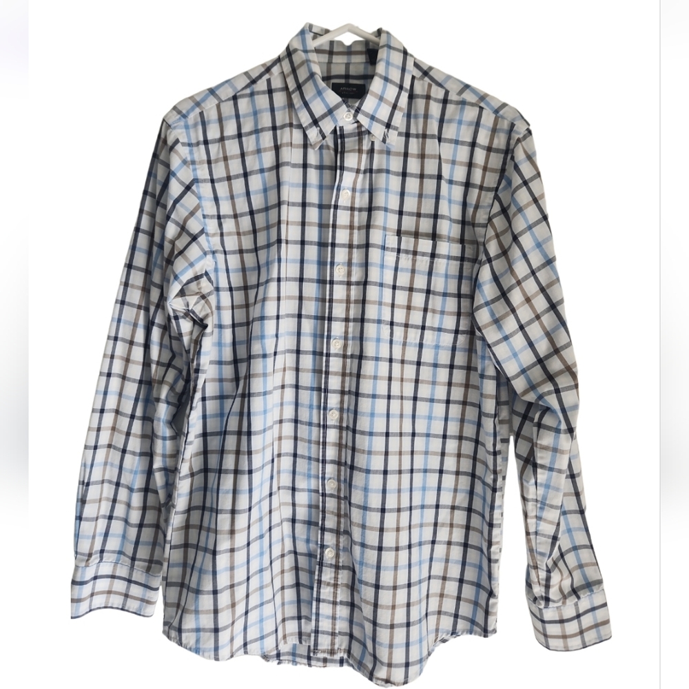 Arrow Dress Shirt Long Sleeve Plaid Size Small White Blue Black Brown St…